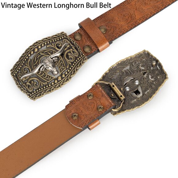 Western-cowboy-cowgirl-belt - Longhorn-bull-pattern-engraved-belt Pu Leather😄 - Picture 6 of 7